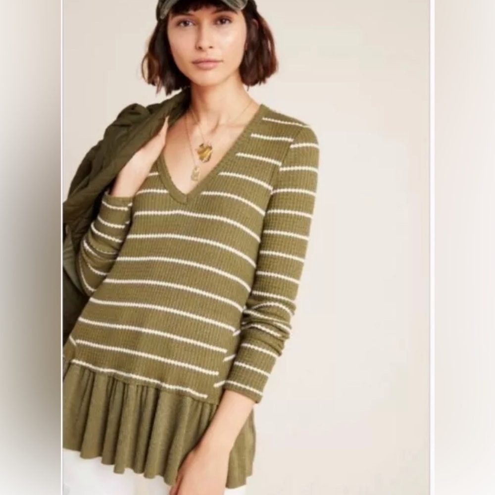 Anthropology eri + ali Tallie Stripe Peplum V-Neck Top Moss sz  LP
